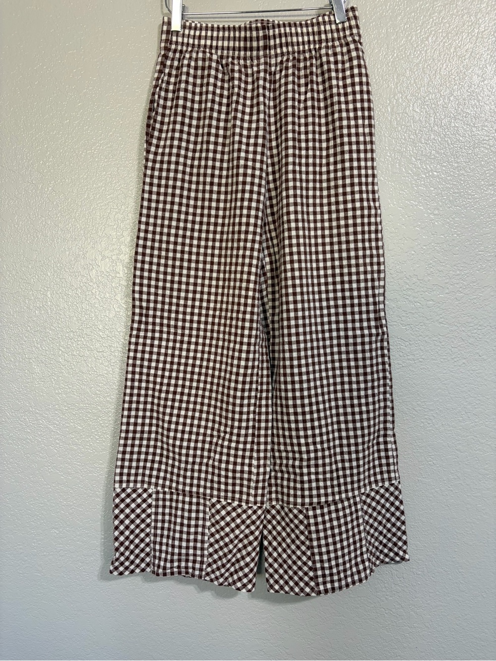 Brown & White Gingham Wide-Leg Pants
